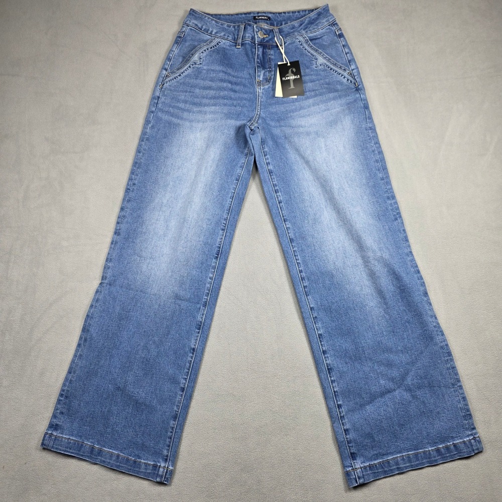 Flamingals Jeans Women Medium Blue Wide Leg High Rise Medium Wash